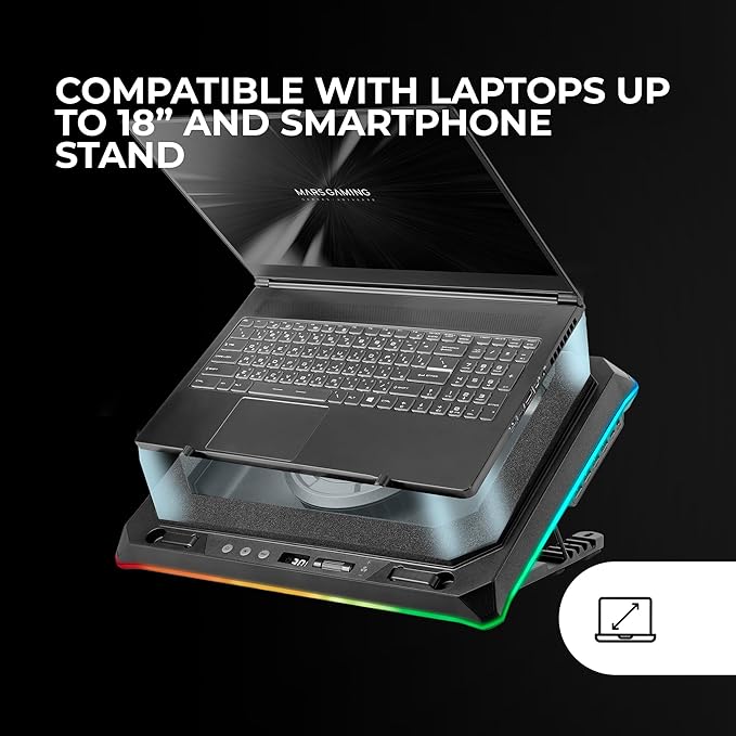 Mars Gaming MNBC Ultra Cooling Base and Stand 140 mm Fan CoolCore Airflow Technology RGB Chroma 5 Positions Compatible with Laptops up to 18 Inches Smartphone Holder 4 x USB-A Black