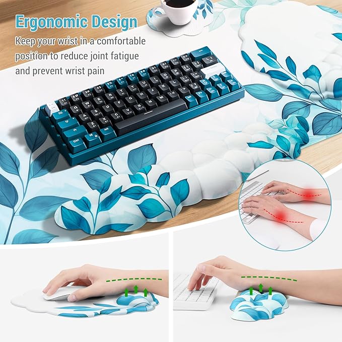 Conmputer Desk Mat Set 4 in 1 Cloud-Shaped Ergonomic Wrist Rest Set Mouse Pad with Non-Slip Base Memory Foam Silicone Lining Keyboard Wrist Rest Computers Offices Gaming Blue Stained Leaves