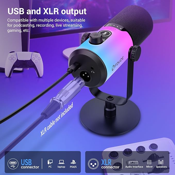 FDUCE Dynamic Gaming Microphone kit USB/XLR Podcast Computer Microphone with Desktop Stand RGB Light Mute Button and Headphone Jack for Gamer Streaming Recording Studio YouTube Online Chat(D20)