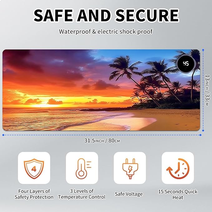 Heated Mouse Pad Hand Warmer Warm Desk Pad Mousepad Desk Mat with 3 Levels Heating and Auto Shut Down 31.5 x 13 inch PU Leather Warmer Keyboard Mat for Gaming Laptop Office Home Sunset Beach