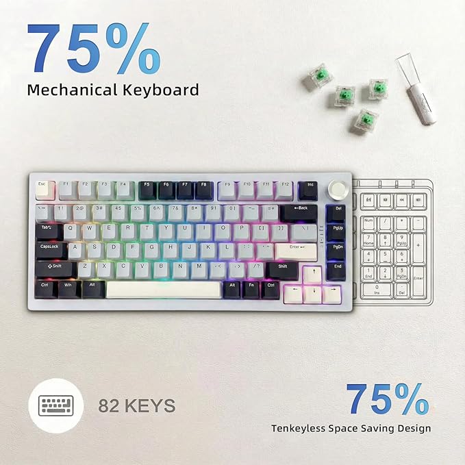 DstoPar Wireless Mechanical Keyboard75% Hot Swappable Gaming Keyboard with Multifunction knobRGB BacklitGasket StructurePBT Keycaps Bluetooth5.0/Type-C/2.4GK81 Mechanical Keyboard（Iceland Blue）