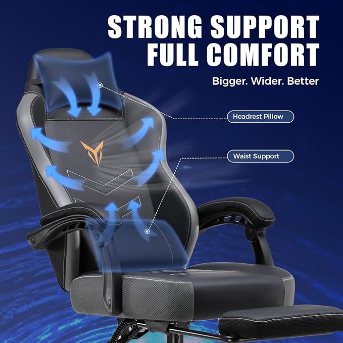 GTPLAYER Gaming Chair with Footrest Recliner Chair with Headrest &amp Lumbar Support Linkage ArmrestErgonomic Gaming Chair High Back Office Home Grey