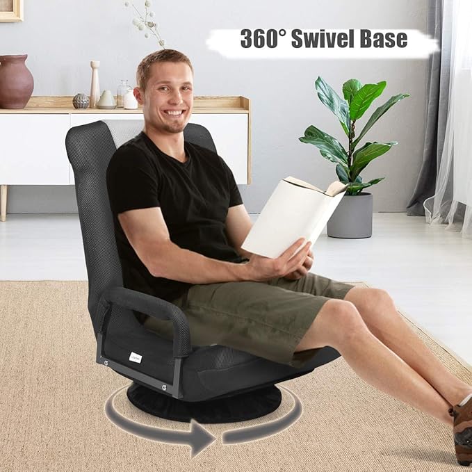 GOFLAME Swivel Gaming Floor Chair 360 Degree Folding Chair with Adjustable 6-Position Backrest and Armrest Lazy Sofa Lounger for TV Reading Playing Video Games (Black/Grey)