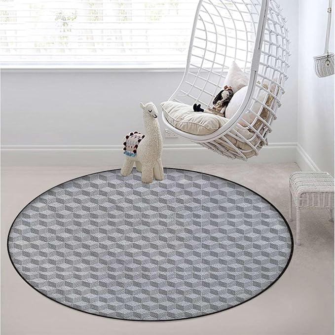 Pale Grey White Gaming Chair Mat for Hardwood Floor Anti-Slip Floor Protector Game Controller Rubber Gaming Computer Chair Mat Diamond and Square Form Simplistic Diameter 39.4 in