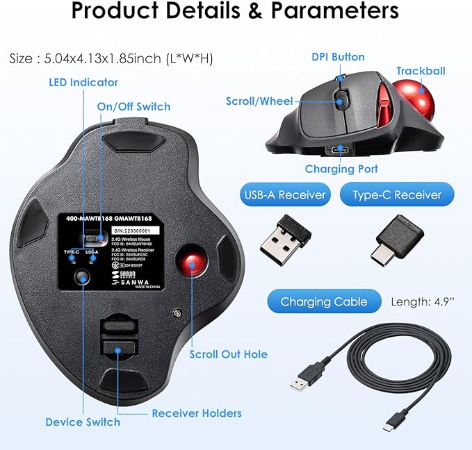 SANWA 2.4G Wireless Trackball Mouse Optical Ergonomic Rollerball Mice Programmable Silent Buttons USB-A &amp Type-C Receiver Thumb Control 4 DPI Rechargeable Compatible for PC Mac Windows La