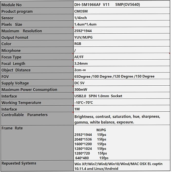 OV5640 Camera Module 5 Million Auto-Focus Fixed-Focus 65Degree USB Drive-Free Module for DIY Electronic Component