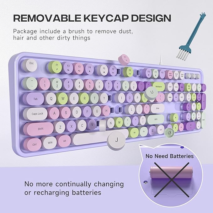 KNOWSQT Wired Computer Keyboard - Purple Colorful Retro Full Size Round Keycaps Plug and Play Typewriter Cute Keyboards for Windows Laptop PC Desktop Computer