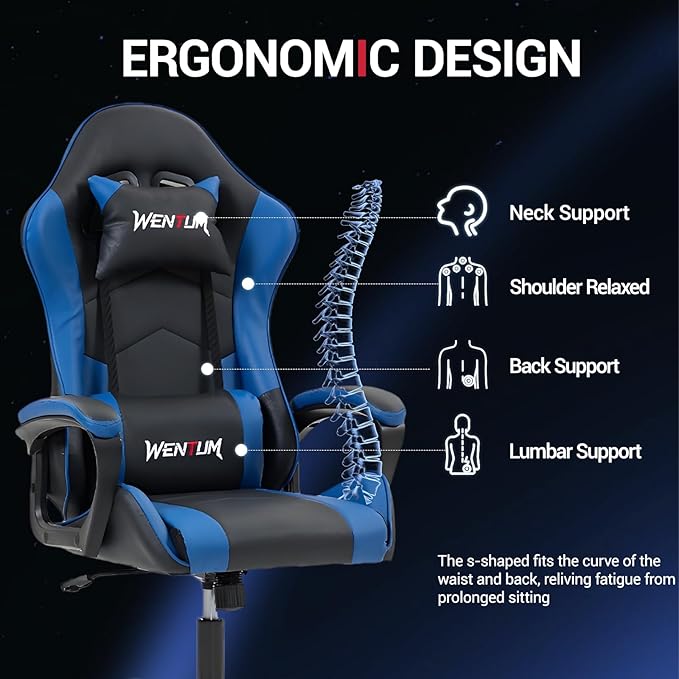 Gaming Chair PU Leather Massage PC Video Game Chair with Lumbar Support for Men Women Home Office Height Adjustable Ergonomic High Back Blue
