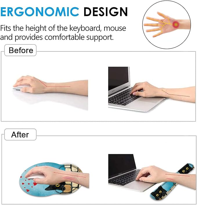 Keyboard Wrist Rest and Mouse Pad Wrist Support Set with CoasterComfortable for Easy TypingPain ReliefMemory Foam Keyboard Pad Set for Laptop MacCute Black Cat