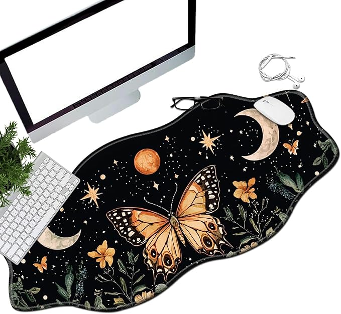 Stars Moons and Butterfly Desk Mat Mouse Pad 35.4X15.7 XL Extended Mousepad Huge Mouse Pads with Stitched Edges Desk Pad for Work Game Office Home