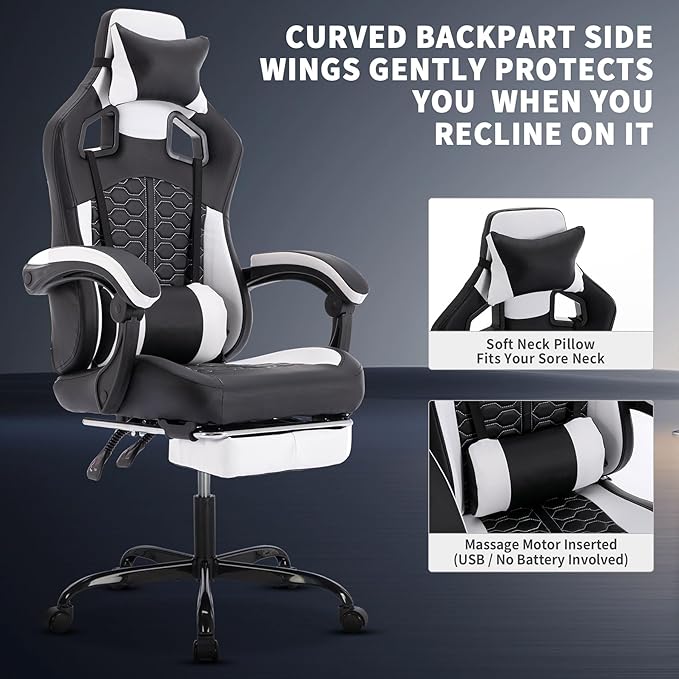 Black 360° Swivel Gaming Chair Ergonomic Heavy Duty 330lbs Office Chair with Footrest and Massage Lumbar Support Height Adjustable High Back Reclining Gamer Chair with Headrest (Black White)
