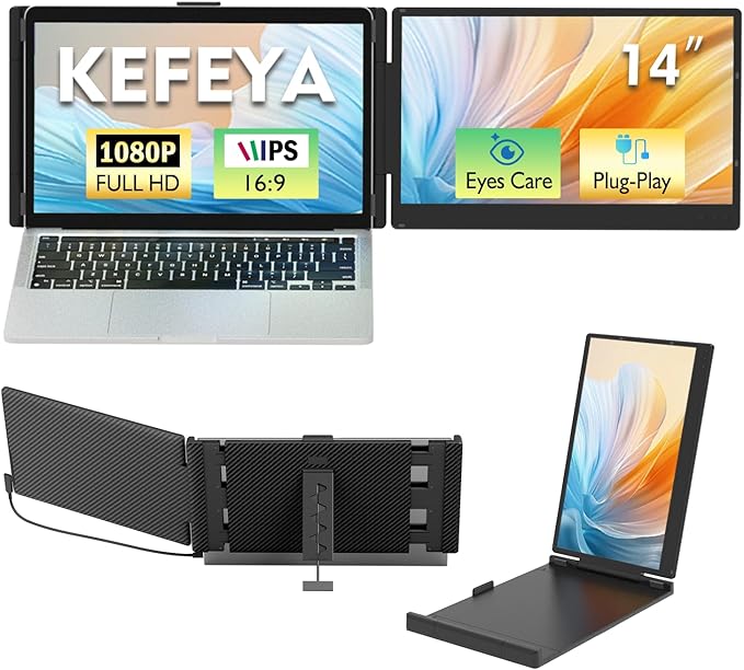 KEFEYA Laptop Screen Extender 14 1080P FHD IPS Laptop Monitor Extender for Home Office Dual Travel Monitor for Laptops 13-17.3 USB-C HDMI Plug-Play for macOS Windows PS Switch Xbox Phone Pad