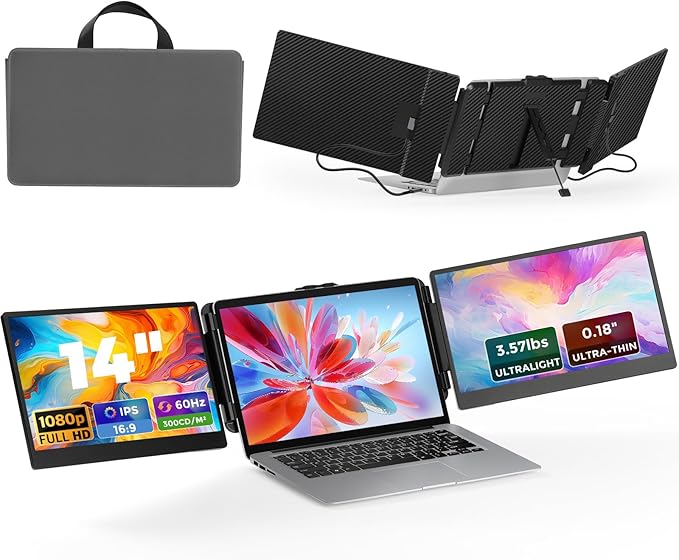 JoyReal Laptop Screen Extender 14 FHD 1080P IPS Portable Monitor for Laptop Triple Screen Extender Monitor USB-C/HDMI Plug-Play for Windows Mac Fit 13-17.3 Laptops