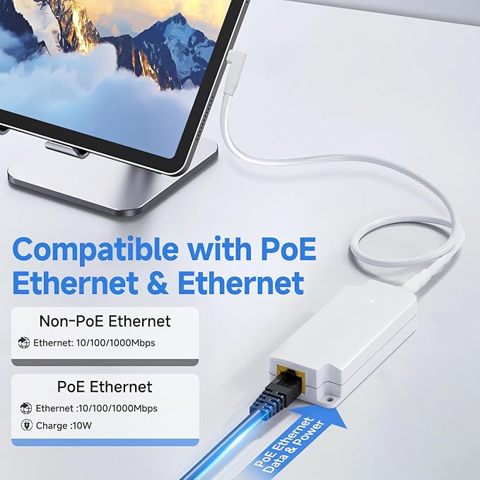Gigabit PoE to USB C Converter for Smart Phone/Tablet USB-C to Ethernet Adapter with 10W Charging Power &amp Data 2-in-1 RJ45 Port to Type-C Adapter 10/100/1000Mbps High Speed Plug &amp PlayIEEE