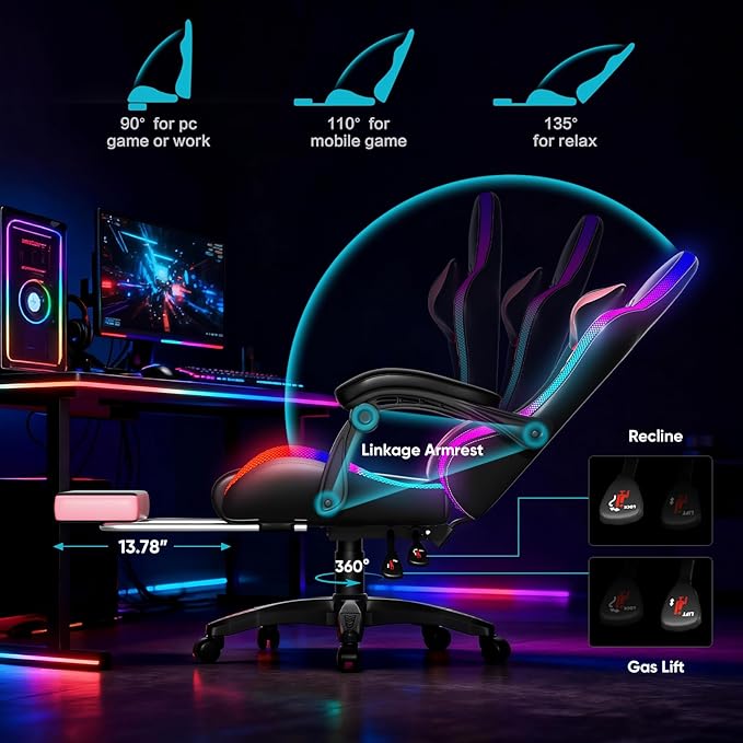 Gaming Chair Racing Style RGB LED Lights Gaming Chairs for Adults and Kids Lumbar Massager Gamer Chair High Back Reclining Computer Chair with Footrest and Headrest (Black/Pink)