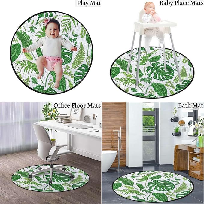 Fern Green Gaming Chair Mat Round Floor Mats for Office Chair Computer Gaming Desk Mat for Rolling Chair Non-Slip Gaming Rug Jungle Themed Picture with Leaves Exotic Art Diameter 35.4 in