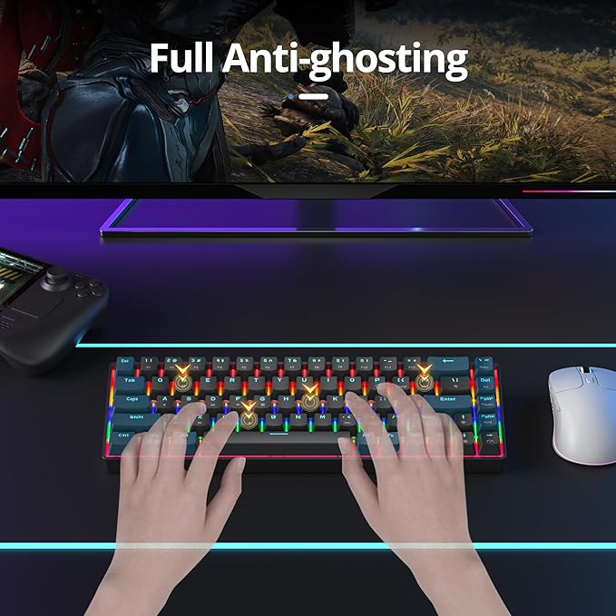 surmen 65% Mechanical Gaming Keyboard with Linear Red Switch Wired Mini Compact Keyboard 60 Percent Backlit for Laptop Desktop PC Gamers（68 Monster B-Rainbow）
