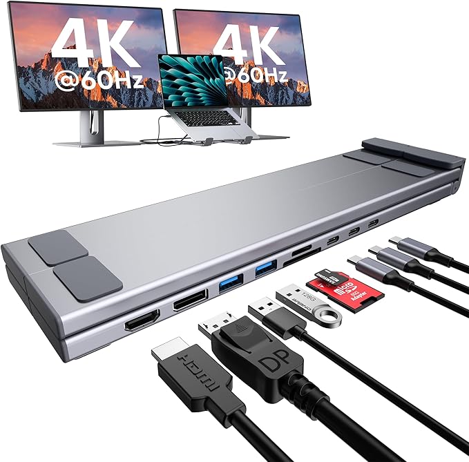 USB C Laptop Docking Station Stand Dual Monitor Single 8K for Windows DP 1.4 or Dual 4K for Win and Mac 9 in 1 USB C Hub with HDMI+DP 2*USB 3.0 PD 100W USB C 3.0 SD/TF Universal Dock Station