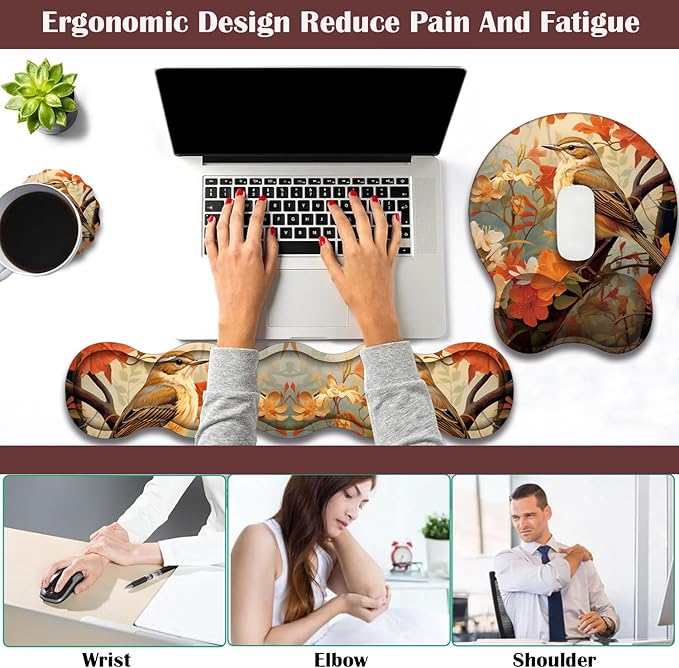 Keyboard Wrist Rest and Mouse Pad Wrist Support with Lace-Shaped Coaster Set Ergonomic Gel Memory Foam and Anti-Slip Base Easy Typing and Pain Relief - Larks Among Flowers