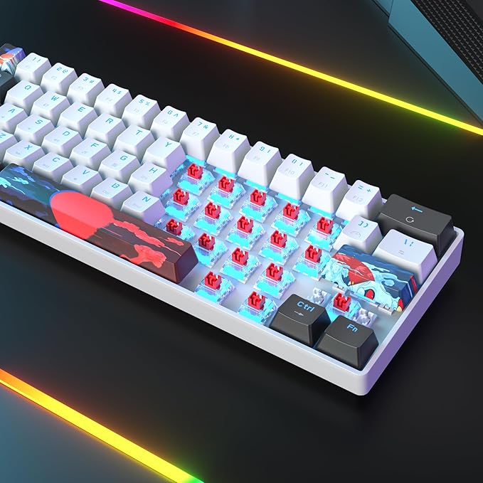 Protable 60% Percent Gaming Keyboard Mechanical Mini Compact Ice-Blue LED Backlit 61 Keys Wired Office Keyboard with red Switch for Mac/Win/PS4/PS5（61White/red Switch）