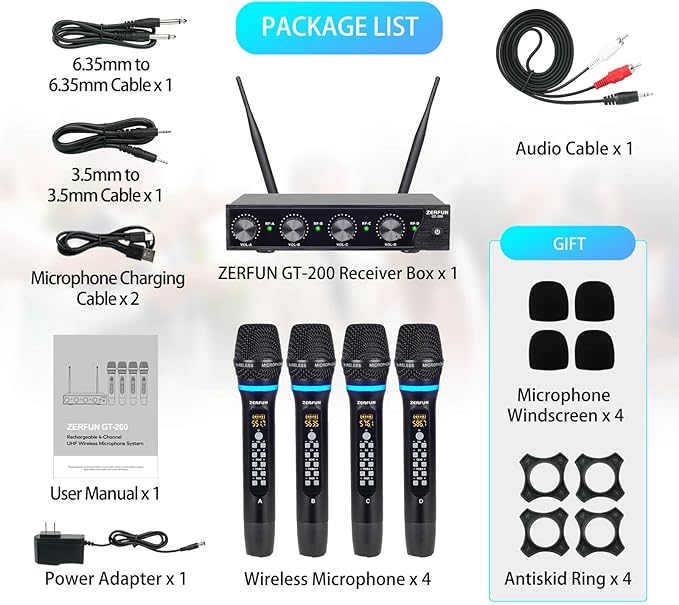 Rechargeable Wireless Microphone System 4 Channel Pro UHF Metal Handheld Wireless Mics Cordless for Church Karaoke Singing with Echo Treble BASS VOL Channel Control(GT-200)