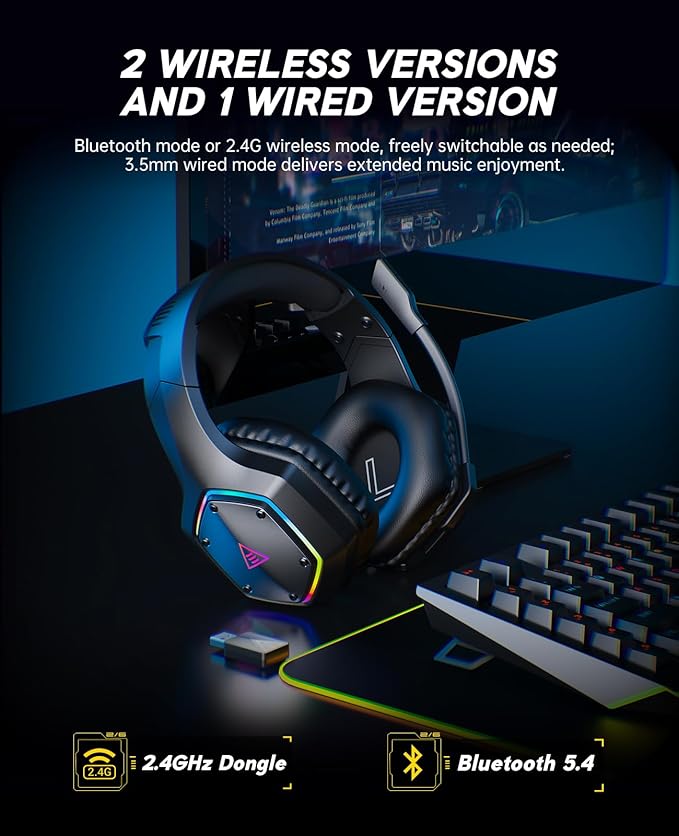 EKSA 2.4GHz Wireless Gaming Headset for PS5PS4PCSwitchMobileMac Bluetooth Gaming Headphones with ENC Microphone RGB 20ms Latency 120H Battery 7.1 Surround Sound Headset 3.5mm Audio Cable