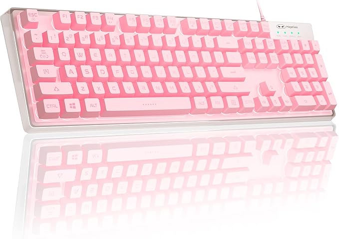 MageGee Gaming Keyboard 7 Solid Colors Backlit Wired Gaming Keyboard with Clear Housing and Double-Shot Keycaps K1 Waterproof Ergonomic 104 Keys Light Up Keyboard for PC Desktop Laptop Pink