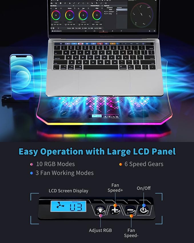 Laptop Cooling Pad KeiBn RGB Laptop Cooler for 15.6-17.3 Inch Laptops with 10 Modes Lights | 6 Fans | 7 Height Stands | 2 USB Ports | Desk or Lap Use (A8/Purple)