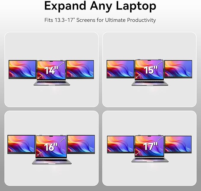Laptop Screen Extender One Cable - Triple 14 Ultra Thin IPS FHD 1080P Portable Monitor for 13.3-17 Laptops Compatible with Windows Mac Travel Work
