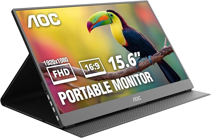 AOC 16T20 Portable Monitor 15.6 FHD 1080p IPS Display USB-C x2 Mini HDMI Built-in Speakers Travel Monitor with Smart Cover Compatible with Laptops MacBook Gaming Console Ready