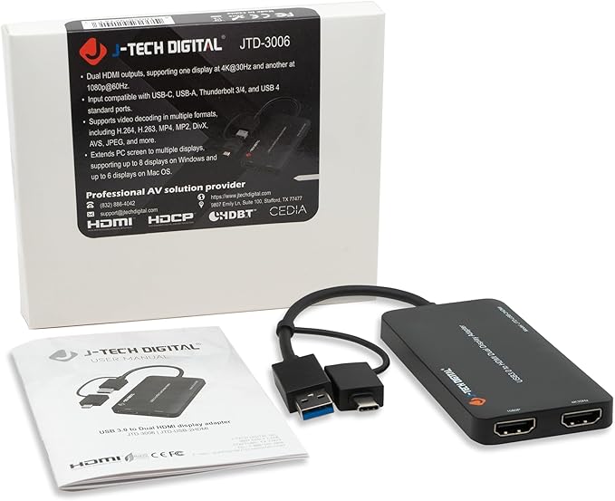 J-Tech Digital USB C to HDMI Adapter 4K 30Hz 1080P 60Hz Dual Monitor Adapter USB-A or USB-C in USB Powered Mirror Extend Rotation Clamshell Modes [JTD-USB-2HDMI]