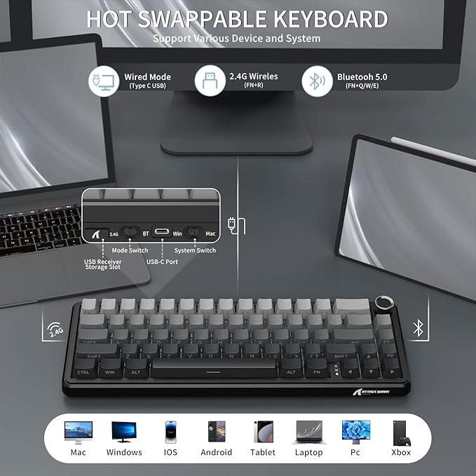 ATTACK SHARK X66 Wireless Mechanical Gaming Keyboard with KnobTri Mode USB-C/BT5.0/2.4G Gasket Mounted 60% RGB Gaming Keyboard Side Printed PBT KeycapHot Swappable Strawberry Switch(Moonlight)