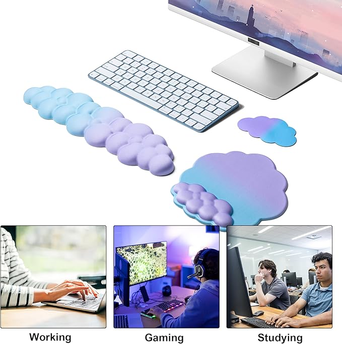 OUEST Cloud Wrist Rest Keyboard and Mouse Pad with Cute Ergonomic Memory Foam Non-Slip PU Base for Computer Mac Laptop Office Gaming-Purple/Cyan