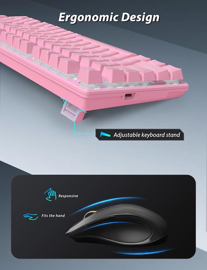 Wireless Mechanical Gaming Keyboard and Mouse Combo 98 Keys RGB Backlit Rechargeable 2000mAh Battery 3-Mode BT5.0/2.4G/USB-C (Pink)