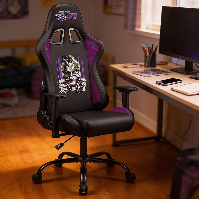Joker - Gaming Chair or Office Chair Adult Gamer Chair Comfortable seat Integrated headrest Adjustable armrests and Height Ergonomic backrest - Black