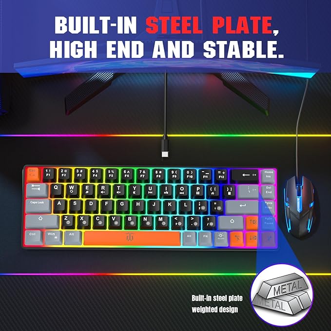 Snpurdiri 60% Percent Gaming Keyboard Compact RGB Backlit Small Gaming Keyboard for Windows PC Laptop (68 Keys Black-Grey-Orange)