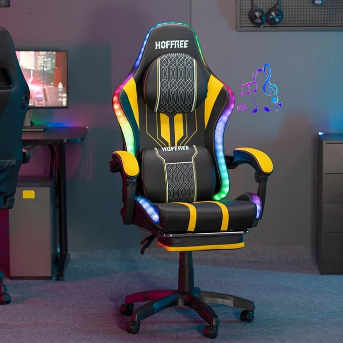 HOFFREE LED Gaming Chair with Speakers and Massage Video Game Chair Big and Tall with Footrest Gamer Chair for 400lbs Computer Desk Chair Yellow and Black Yellow+black HOGC-MAX303