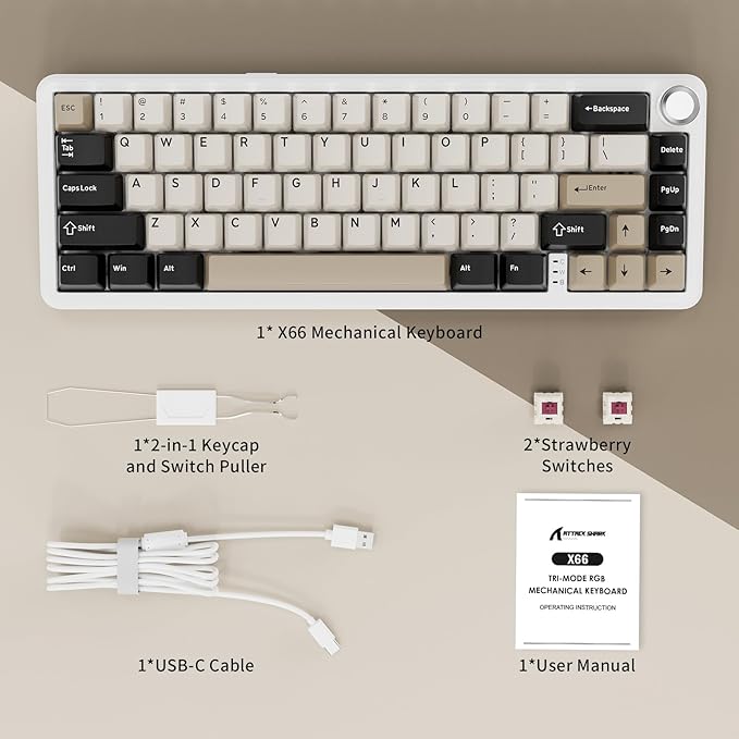 ATTACK SHARK X66 Wireless Mechanical Gaming Keyboard with KnobTri Mode USB-C/BT5.0/2.4G Gasket Mounted 60% RGB Gaming Keyboard 66KeysPBT Keycap Hot Swappable Custom Strawberry Switch(Cheese White)