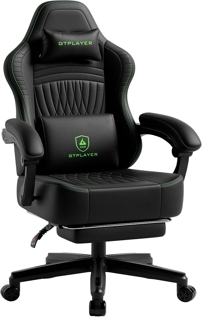GTPLAYER Big and Tall Gaming Chair with Footrest Extra Wide Seat Video Game Chairs for Adults - Padded High Back Ergonomic Reclining Silla Gamer Linkage Armrest Ace Pro Green