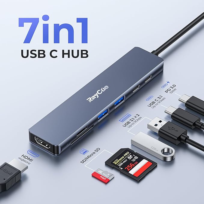 USB C Hub RayCue 7 in 1 USB C to HDMI Splitter 2 USB 3.1 GEN1 and 5Gbps Type-C Data Port 4K HDMI Port PD 100W Charging SD Card Reader for iPad Pro MacBook Pro Laptops and More