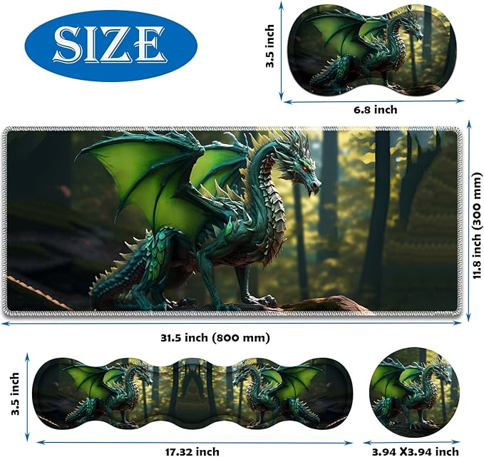 4 in 1 Mouse Pad Combo Large Gaming Mouse Pad + Keyboard Wrist Support + Mouse Wrist Rest + Coaster Table Pad 31.5 x 11.8 with Memory Foam Ergonomic Wrist Pad Set Forest Green Dragon