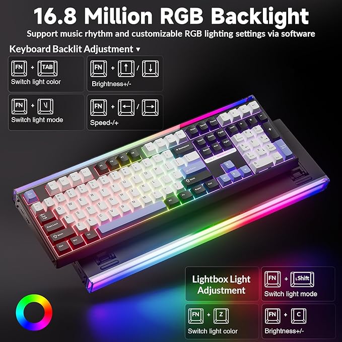 Aula H108 Wireless Mechanical Keyboard Hot Swappable Silent Keyboard Full Size Keyboard with Number Pad Gasket Structure RGB Backlit Computer Gaming Keyboard with PBT Keycaps for PC/Office