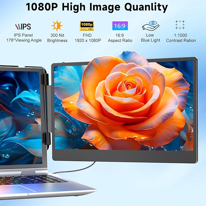 KEFEYA Laptop Screen Extender 14 Portable Monitor for Laptops 13-17 1080P FHD IPS Monitor Extender for Laptop with USB-C/HDMI Port Plug n Play for Windows/Chrome/Mac/Switch/PS5