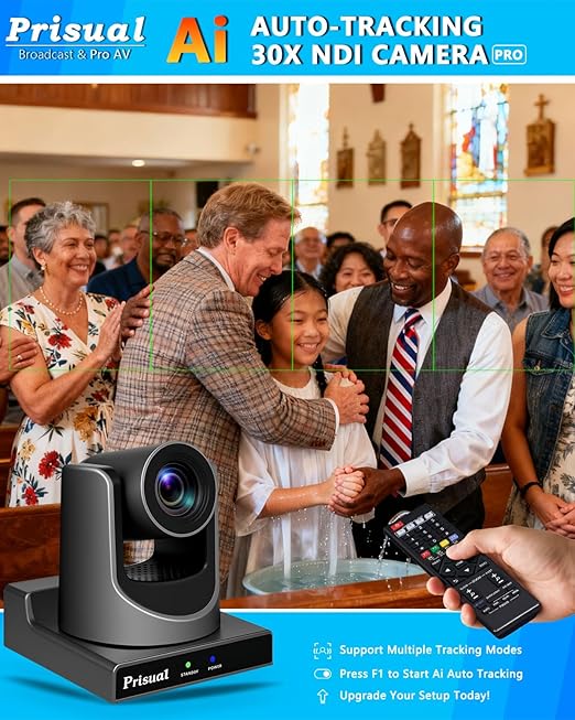 Prisual NDI PTZ Camera System Gen 5 30X Optical Zoom NDI 6 &amp NDI HX3 Certified AI Auto Tracking PoE HDMI Bundle PTZ for Church WorshipNDI PTZ Controller (NDI PTZ Bundle TEM-30N PRO+TEM-JOY1)