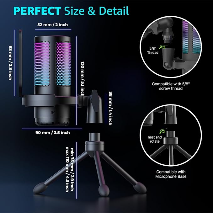 IXTECH USB Gaming Microphone for PC RGB Condenser Microphone with Tripod Stand Pop Filter Rotate Gain Button and Quick Mute Noise Cancellation Computer Mic for Streaming Gaming Podcasting