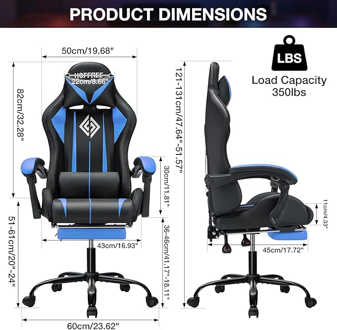 HOFFREE Gaming Chair with LED RGB Lights with Massage and Footrest Ergonomic Computer Chair High Back Video Game Chair with Adjustable Lumbar Support Linkage Armrest Blue and Black