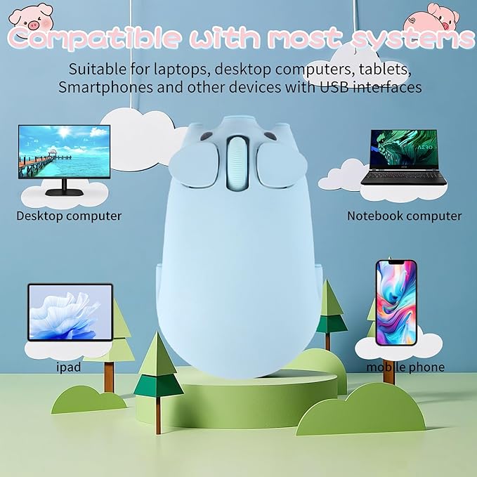 Bluetooth Mouse 2.4G Mice Cute Cartoon Pig Dual Mode (Bluetooth or 2.4 GHz Receiver) Computer Mice 1200 Silent Clicks Cordless Mouse for Laptop/Notebook/iPad/PC/Mac/Chromebook Office Home Gift(Blue)