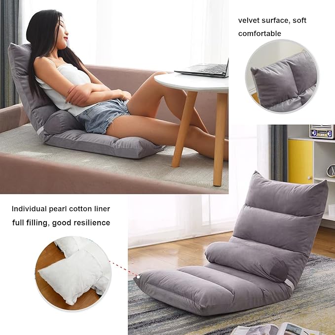Floor Chair Floor Seat with Back Support Pillow Chaise Lounge Folding Sofa Chair Memory Foam Backrest Seat Cushion Patio Chair Padded Reading Gaming Floor Chair for Living Room Bedroom Adjustable