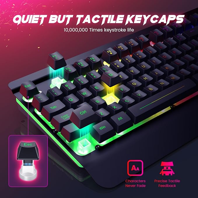 Wired Gaming Keyboard and Mouse Combo 104 Keys All-Metal Panel Rainbow Computer Keyboard with Multimedia Keys Wrist Rest and LED Backlit Gaming Mouse 4200 DPI for Windows PC Gamers (Black)