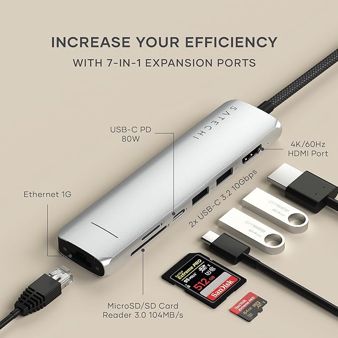 Satechi 7 in 1 USB C Hub Multiport Adapter with Ethernet HDMI 4K@60Hz 100W PD Charging 2X USB-A Data Ports Micro/SD Card Readers for MacBook Air/Pro M5/M4 iPad Windows - Silver